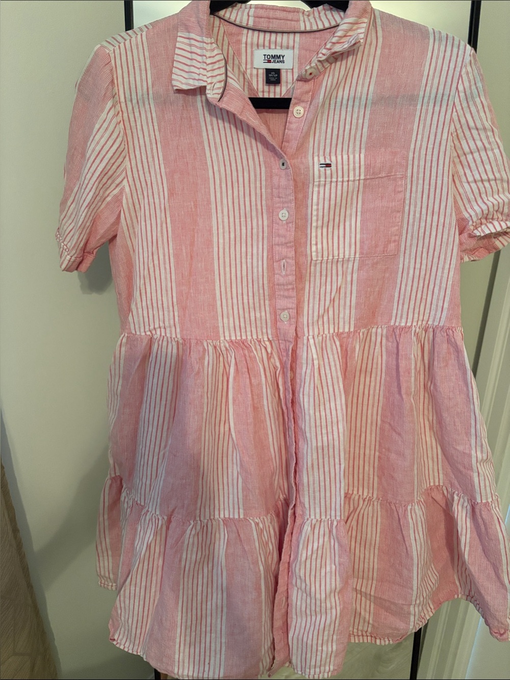 Tommy Hilfiger Pink and White Striped Tiered Shirt Dress